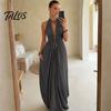 Lässiges Neckholder-Faltenkleid Damen Nacken Maxikleid, Tiefes V Ärmellos Schlankmachend Langer Rock Strandurlaub Sommerkleid, Sommer Fließend mit Taschen