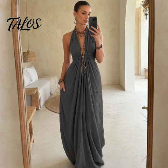 Lässiges Neckholder-Faltenkleid Damen Nacken Maxikleid, Tiefes V Ärmellos Schlankmachend Langer Rock Strandurlaub Sommerkleid, Sommer Fließend mit Taschen