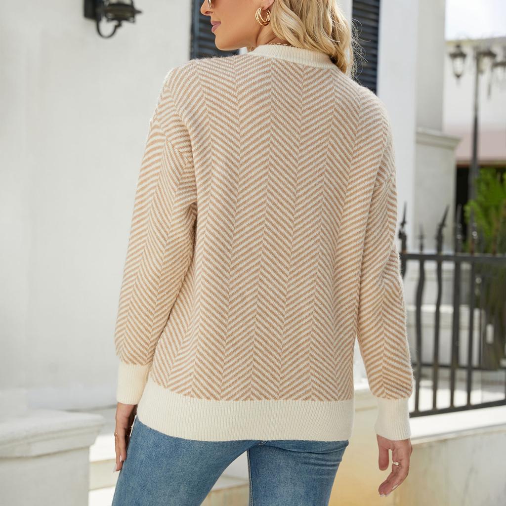 Women's  And Winter Splicing Knit Sweater Round Neck Long Sleeve Striped Sweater