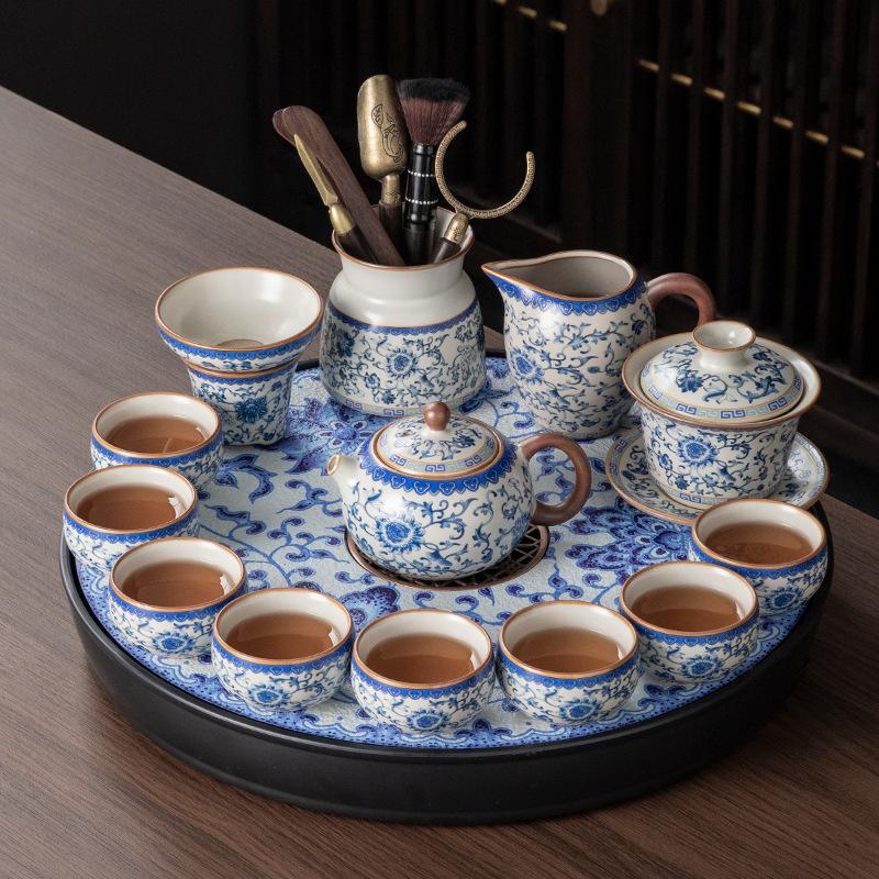 New Ru kiln ceramic kung fu tea set, a complete set of tea table, home living room office teapot, tea cup drinking set
