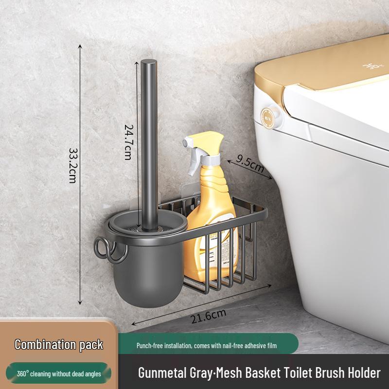 Space Aluminum Wall-Mounted Toilet Brush with No Dead Angle Design and Punch-Free Storage