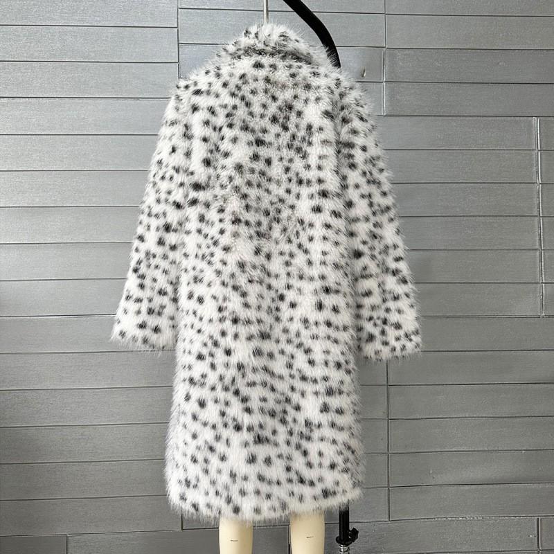 Faux Fur Leopard Print Long Overcoat Blazer Collar Womens Street Style Winter Outerwear