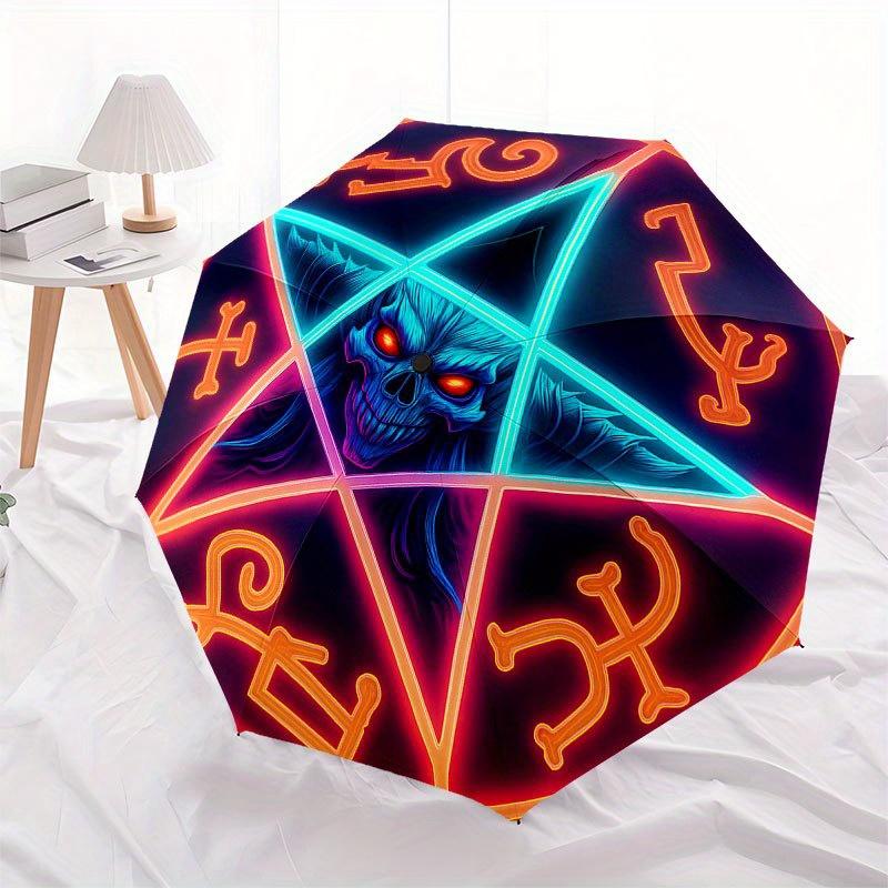 Neon Pentagram Skull Art Print, Mystic DecorUmbrella with Cute Design, Portable 3-Fold Compact Umbrella for Men & Women, Valentine's Day Mother's Day