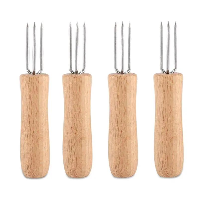 Fourchette à maïs en acier inoxydable avec tête de fourchette dure et pointue et manche en bois à prise confortable, outils de barbecue, fourchette à fruits pour pique-nique et cuisine à la maison