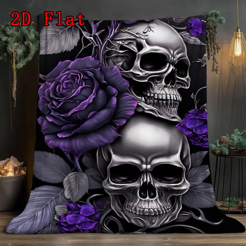 Purple skull and roses 2D Flat Pattern Flannel Blanket High quality All Seasons Warmth and Comfort Perfect for Christmas Gifts.SMT0917587