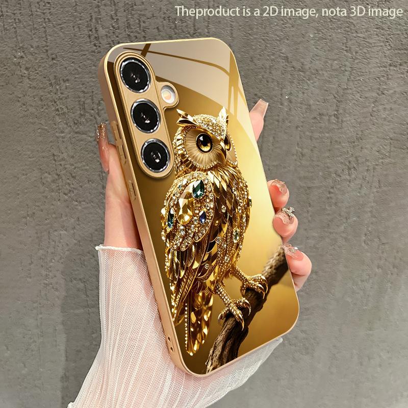 Gem Owl Pattern 2D Phone Case for Samsung S26 S25 S24 S23 S22 S21 S20 A56 A36 A16 - Golden Glass Protective Cover