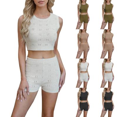 Damen Sommer Mode Strand Rundhals Lässig Eng Ärmellos Shorts Set