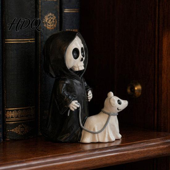 Wear-resistant Resin Sculpture Grim Reaper & Ghostly Puppy Figurine Black Robed Skeleton