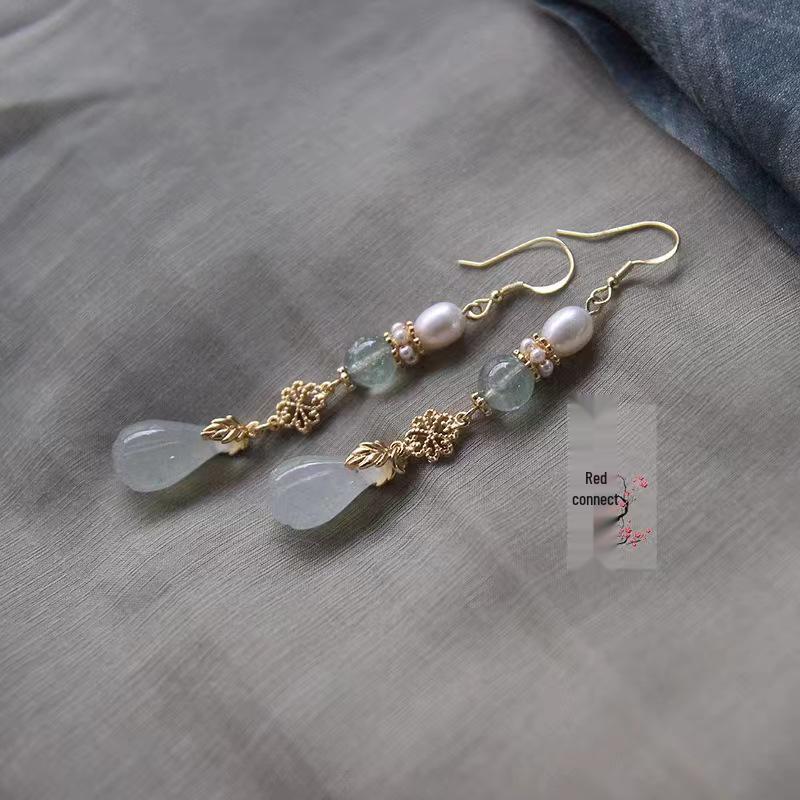 Rose Quartz Magnolia Bud Dangle Earrings - Hanfu Cheongsam Retro Style Clip-ons for Women
