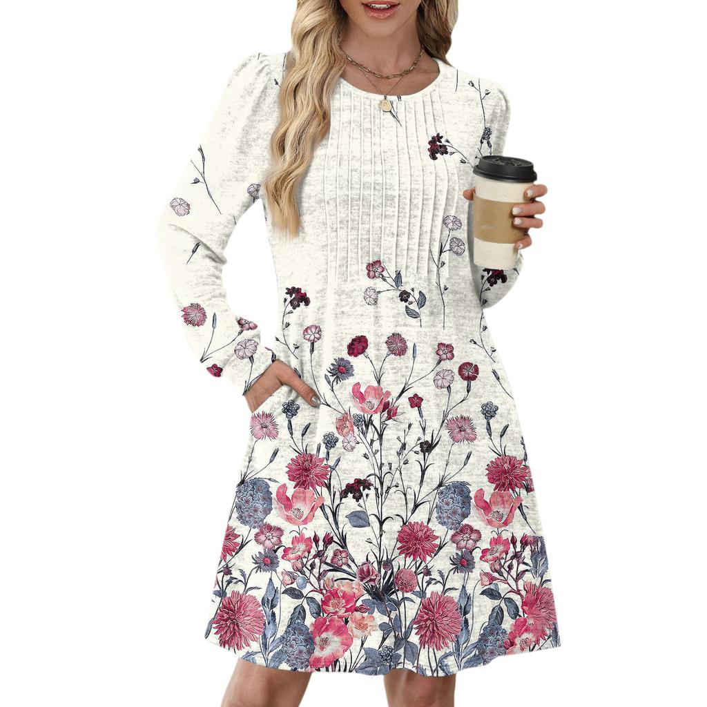 Women's Long Sleeve Pleated Round Neck Vintage Floral Print Casual Dress With Pockets