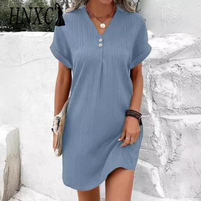 Abito Estivo da Donna Scollo a V Bottoni Manica Corta Ampio Tinta Unita Pullover Casual Quotidiano Mini Abito