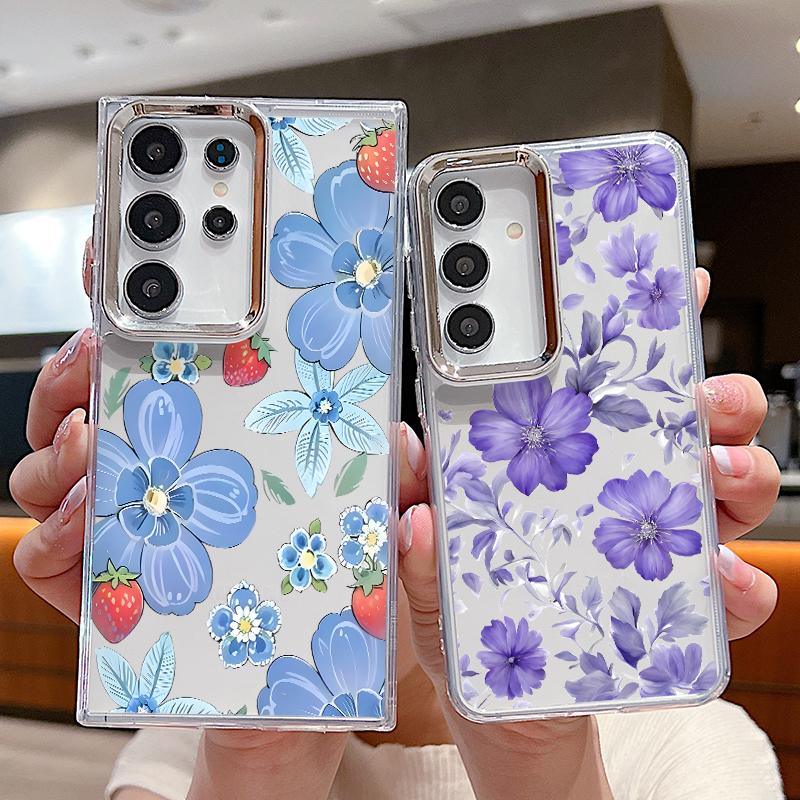 Cartoon Flowers Pattern Case For Samsung S26 S25 Ultra S24 FE S23 Plus S22 S21 A15 A16 A17 A35 A36 A37 A54 A55 A56 A57 5G Plating Lens Soft Cover