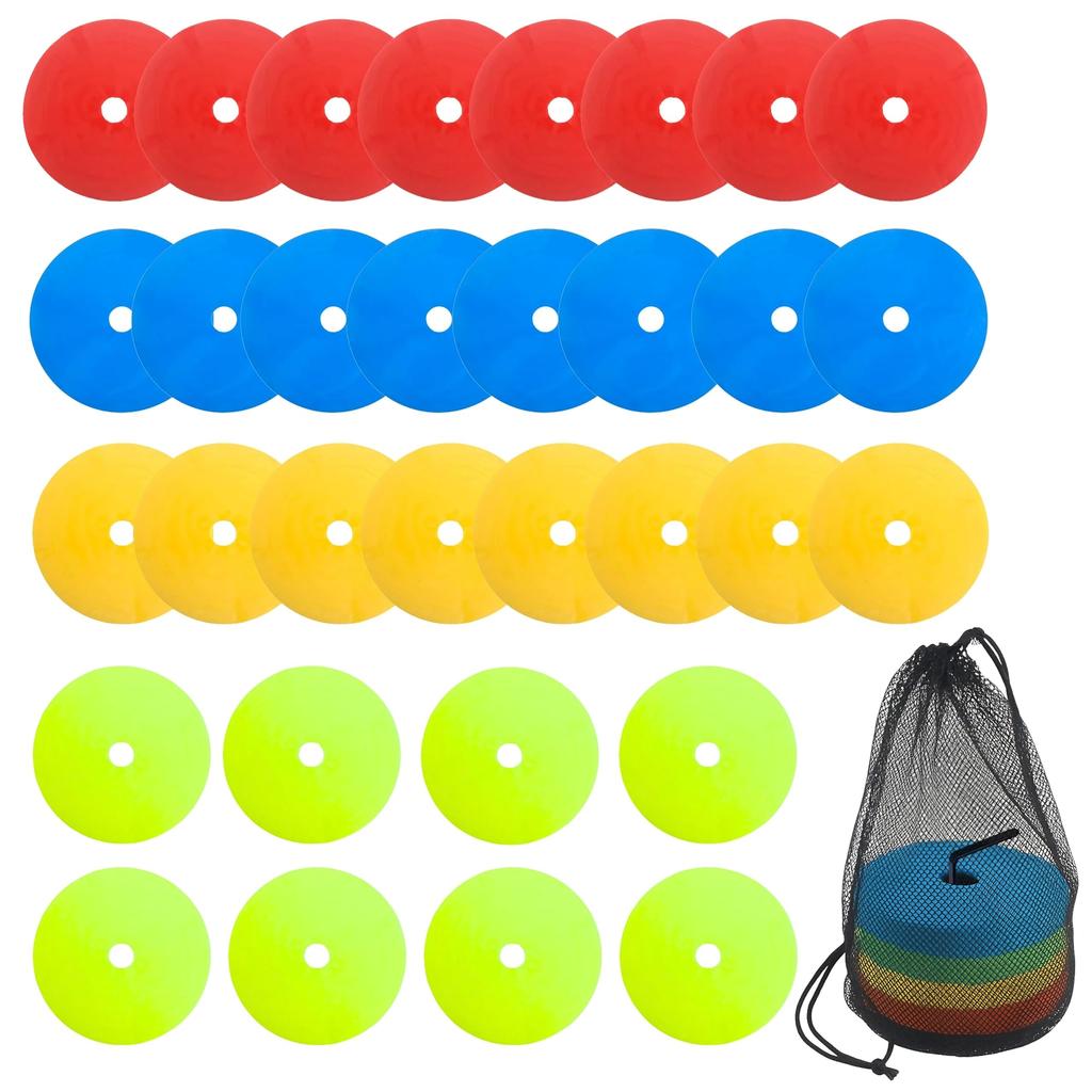 East Leaf Flat Markers, Marker Cones, Flat Cones for Soccer and Futsal, 4 Colors, Set of 32, Stands and Storage Bag Included
