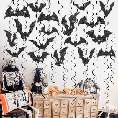 30 Pcs Halloween Hanging Swirl Decoration Sparkly Black Bat Hanging Streamers Ceiling Spirals Ornament for Home Room Bathroom Decor