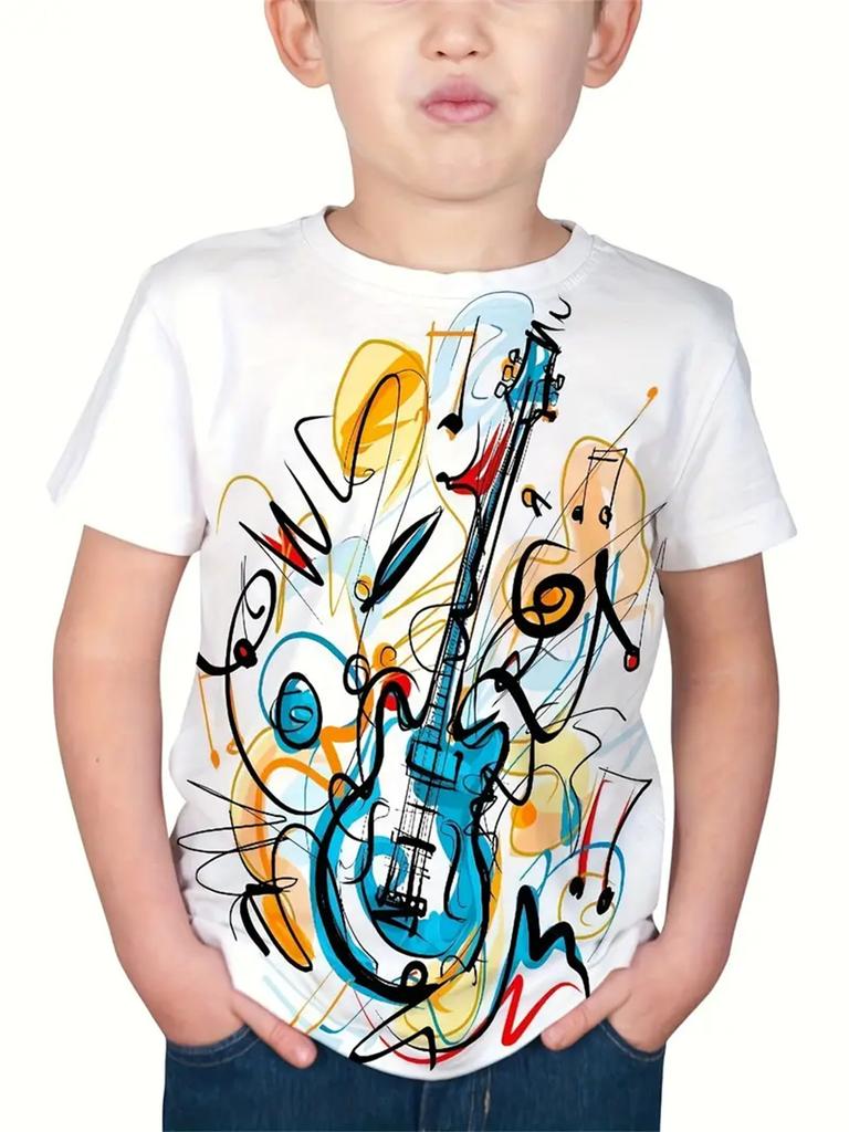 2025 Kids Clothes Cartoon Guitar Printed Short Sleeve T-Shirt Summer Outdoor Casual Crew Neck Tee Children's Clothing T-Shirts