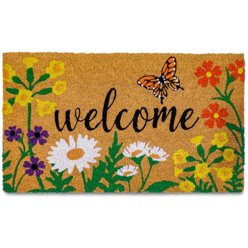 Coir Look Doormat Vintage Floral Text Design Welcome Mat Rug for Living Room Home Indoor Outdoor Housewarming Gift