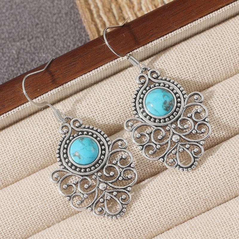 Vintage Copper Alloy Turquoise Earrings December birthstone Floral earrings Tribal earrings Gift Victorian-style earrings Bohemian style earrings