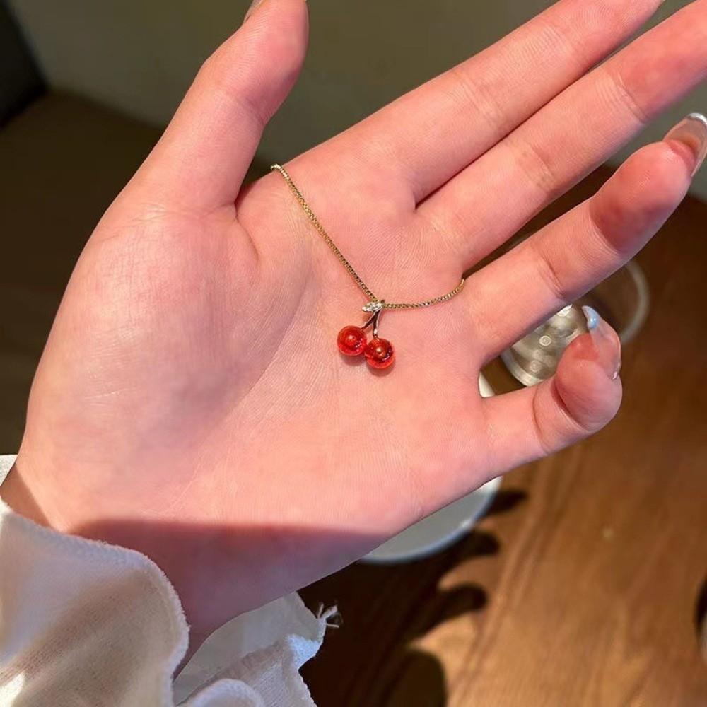 Golden Chain Fruit Chain Necklace Red Cherry Necklace Jewery Cherry Pendant Necklace  Women Fashion