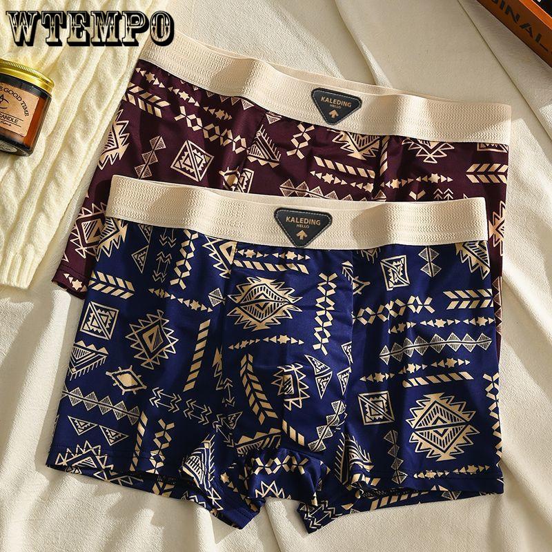 3pcs American Men's Underwear Retro Men's Underwear Ice Silk Breathable Flat Corner Pants Printed Four Corner Pants Boxer Brief
