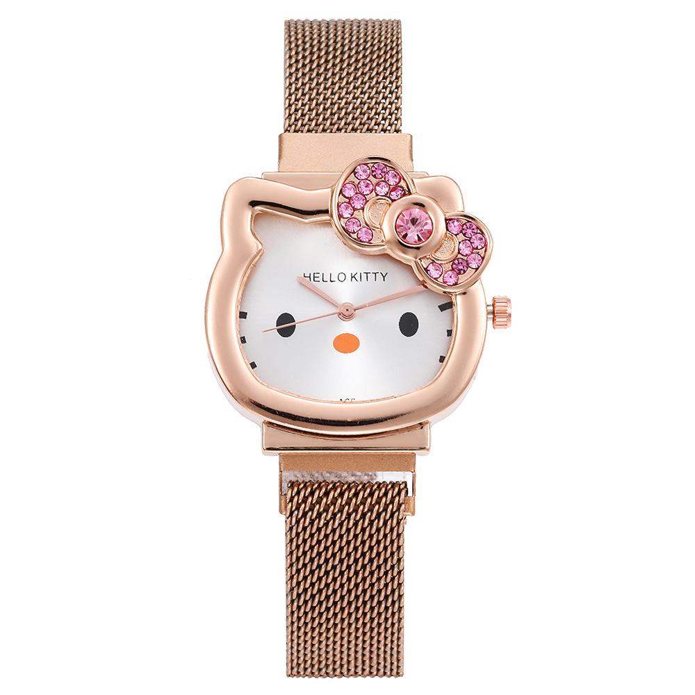 Silver, Gold Kids Mesh Strap Watch Student Cartoon Kt Cat Girl Quartz Watch Magnet Watch