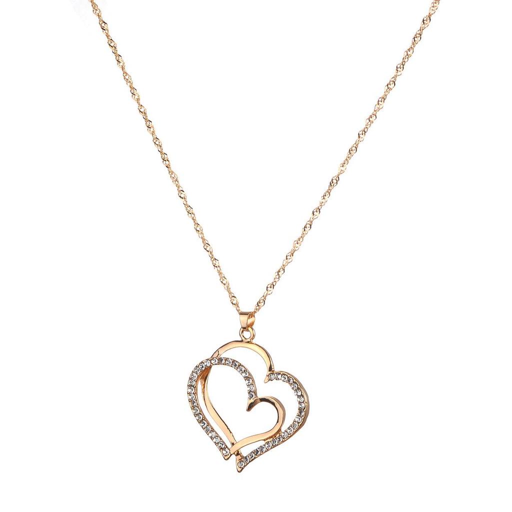 New European and American Style Rhinestone Double Heart Necklace and Earrings Set