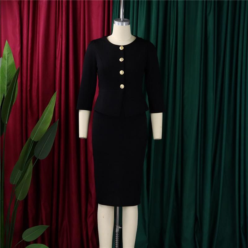 Women's 2Pcs Solid Color Office Suit Peplum Blazer + Pencil Skirt Set