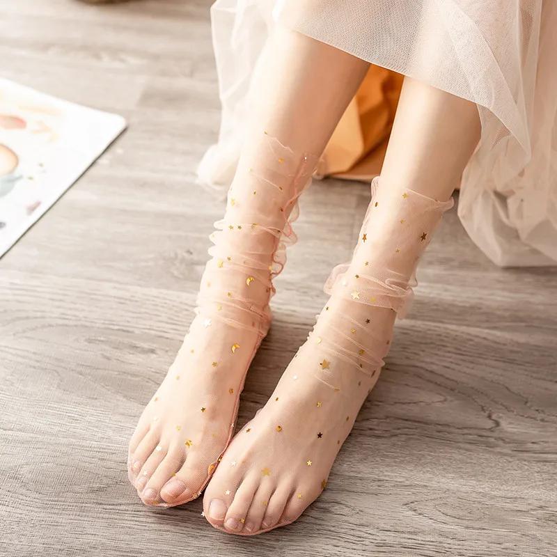 

Women s Ultra-thin Star Mesh Socks Summer See Through Sexy Transparent Colorful Star Harajuku Nylon Sweet Girls Slouchy Socks One Size оранжевый