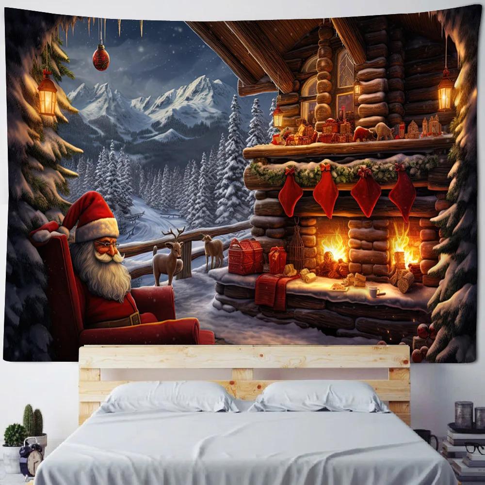 Christmas tree tapestry, Christmas fireplace, holiday decoration wall hanging, living room, bedroom, dormitory background poster