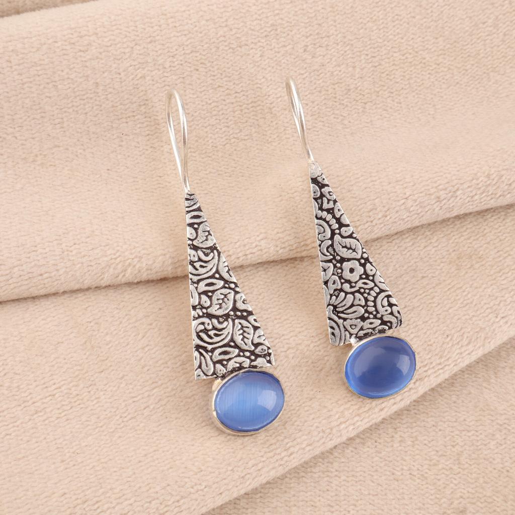 Natural Dark Blue Cat's Eye Gemstone 925 Sterling Silver Jewelry Earrings 1.9" EE-165-42