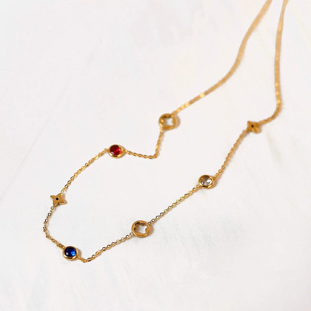 Non-Fading Light Luxury Four-Leaf Clover Coloured Zirconia Necklace Women's New High-Class Sense Of The Collarbone Chain