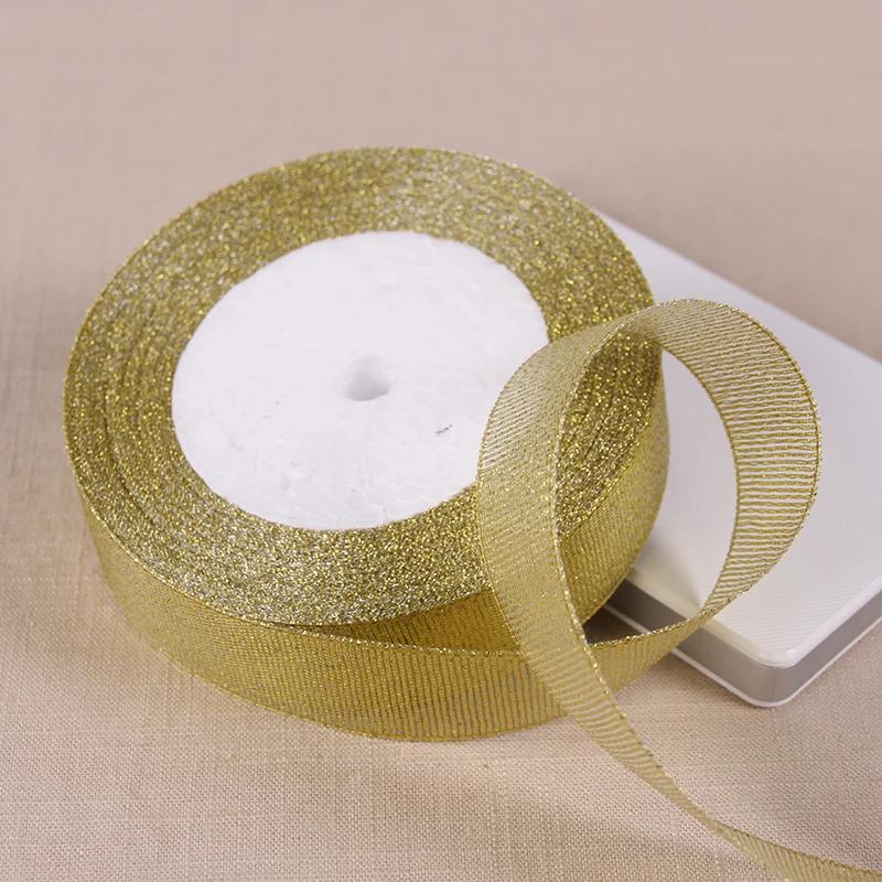 6mm 10mm 15mm 20mm 25mm 40mm 50mm 25 Jardów Złote Srebrne Brokatowe Wstążki Owijanie Prezentów Ślubnych Boże Narodzenie Halloween Impreza DIY Rękodzieło