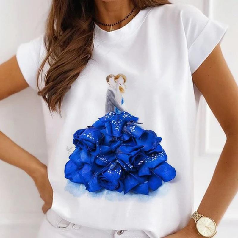 Módní kreativní 3D Rose Flower Grafika Dámské Tričko Letní halenka 90S Volný Trička s krátkým rukávem Bílý výstřih do O Dámské topy Oblečení