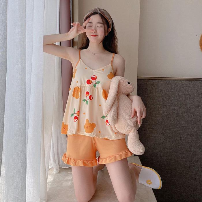 Ladies' Summer Padded Pajama Set: Bow & Suspenders Shorts, Casual Sports Style