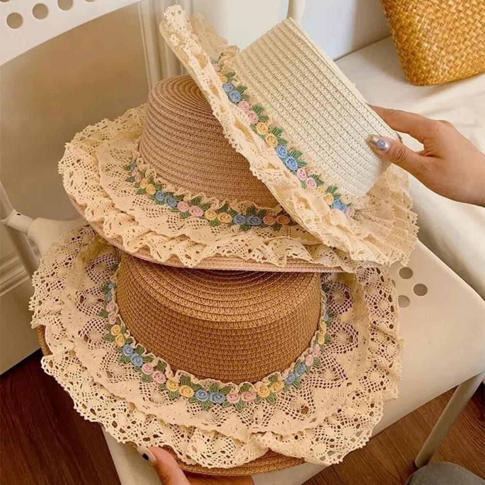 Handmade Wide Brim Bucket Hat Summer Sunshade Hat Lolita Straw Sun Hat  Women Girls