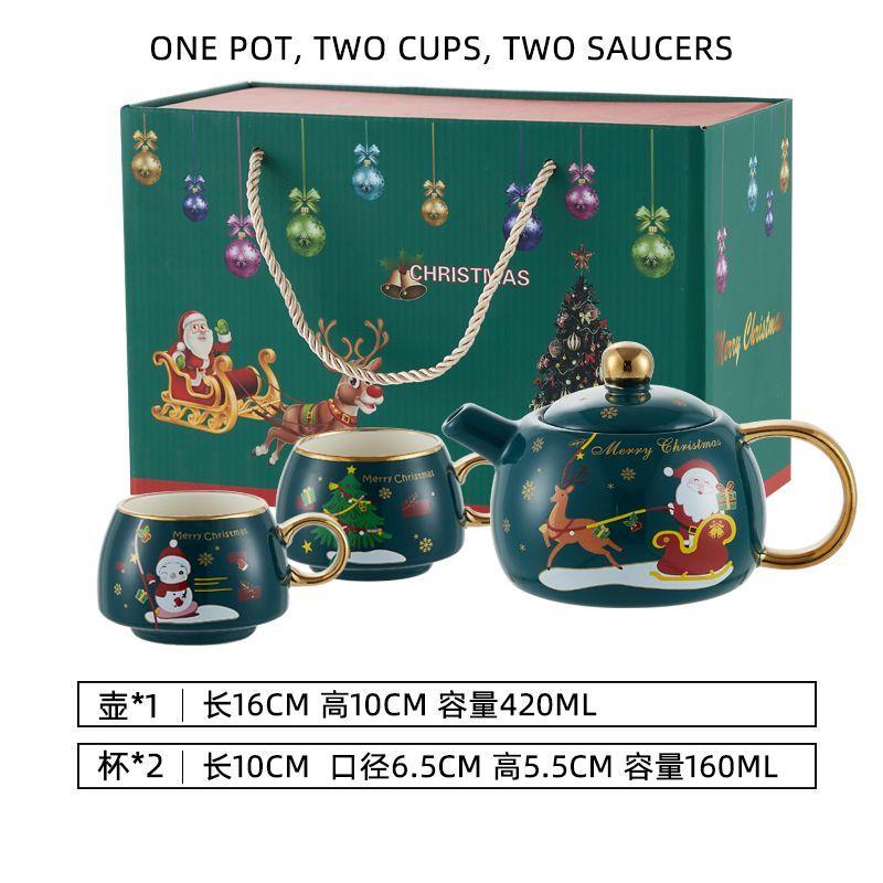 Special Gold-plated Tea Set Christmas Gift One Pot Two Cups Christmas Tea Pot Set Coffee Cup Saucer Teapots Teaware