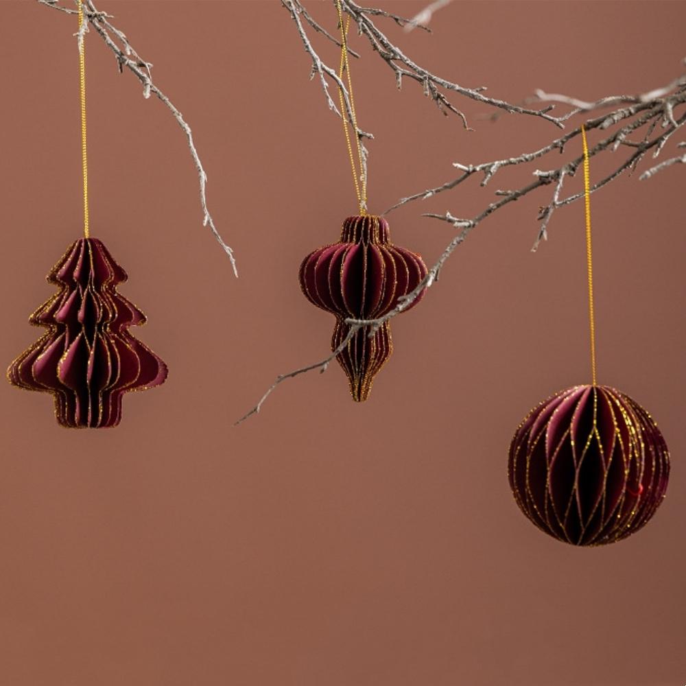 Gold Edged Paper Ornament Collapsible Origami Hanging Decoration Burgundy Christmas Ball Intricate Honeycomb Ball Ornament