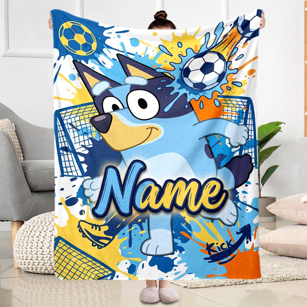 Bluey's Soccer Fun Customize Text Blanket Multi-purpose Personalized Blanket Ultra-Soft Suitable for Bedding Seaside Office Chair Chair