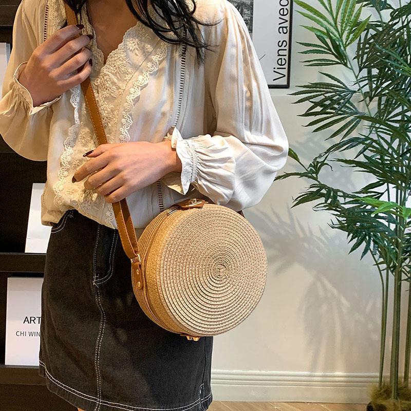 Yogodlns Geantă rotundă de țesut din ratan pentru femei, lucrată manual din frânghie de bumbac, geantă de tricotat de vară, geantă circulară de umăr, geantă de plajă vintage