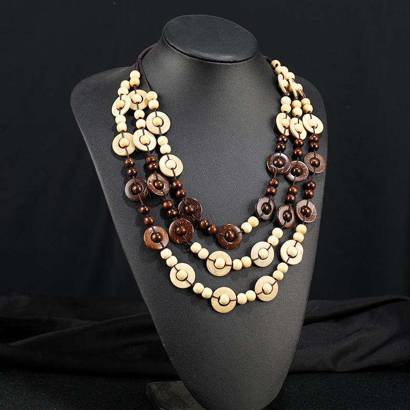 Vintage Bohemian Coconut Shell Wood Necklace Woven Long Multilayer Colored Women's Sweater Chain Vacation Accessories