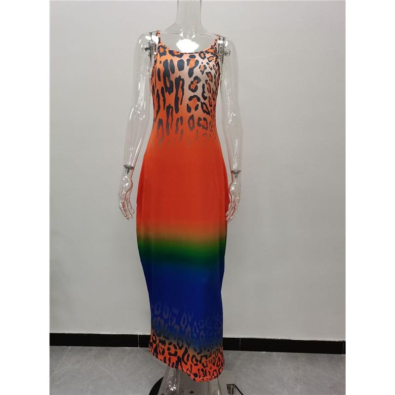 Women's Leopard Print Gradient Maxi Dress Sleeveless V Neck Casual Long Dress With Pockets