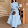 Women Casual Stand Collar Long Sleeve Loose Lace Splice Long Dress