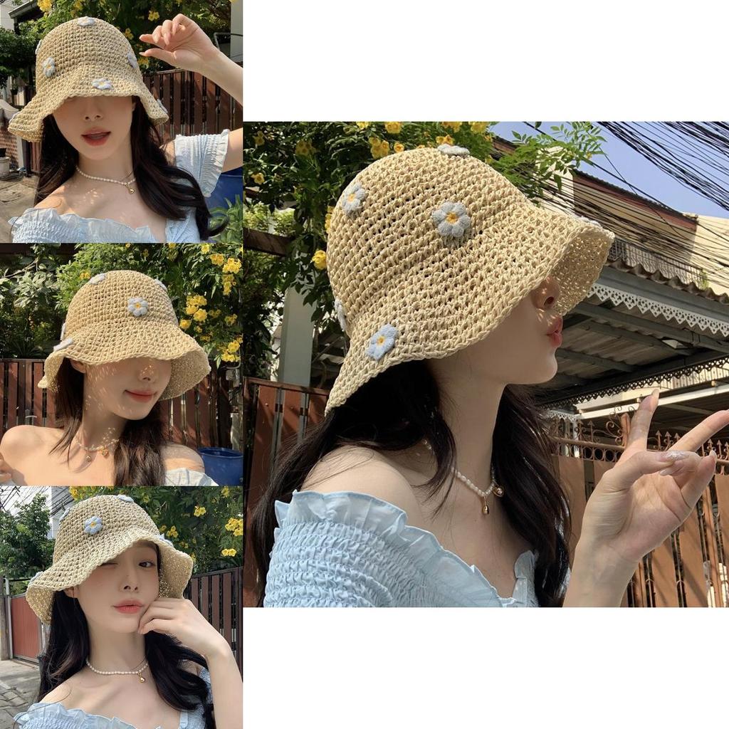 Stylish Blue Floral Straw Fisherman Hat For Women With Wide Brim Breathable Design Ideal For Sun Protection