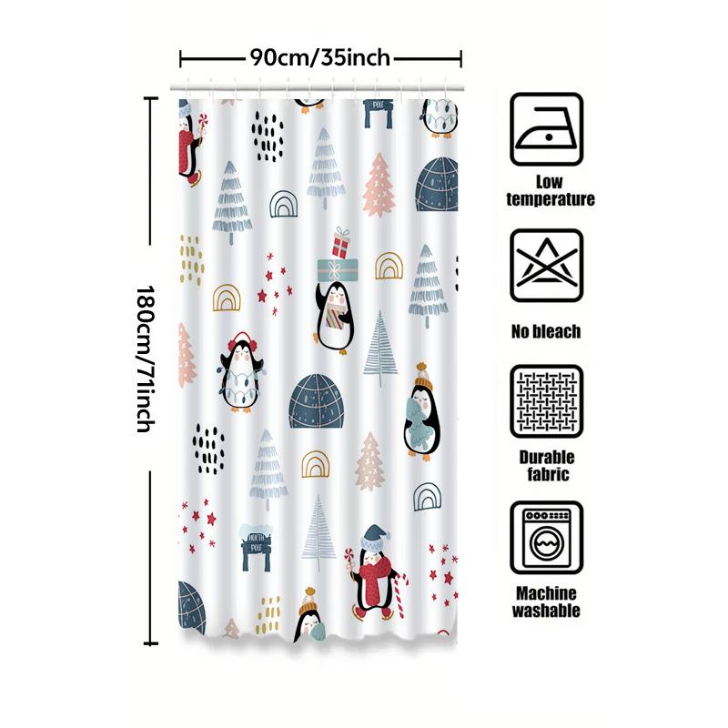 Tu Penguin Shower Curtain Winter Themed Waterproof Bathroom Decor Cute Blue Snowman Holiday Festive Fabric Backdrop For Washroom