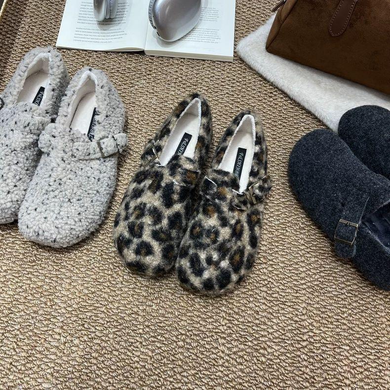 Retro leopard print thick-soled velvet Mary Jane Doudou cotton shoes women's fashion warm fluffy shoes women's autumn and winter wear
