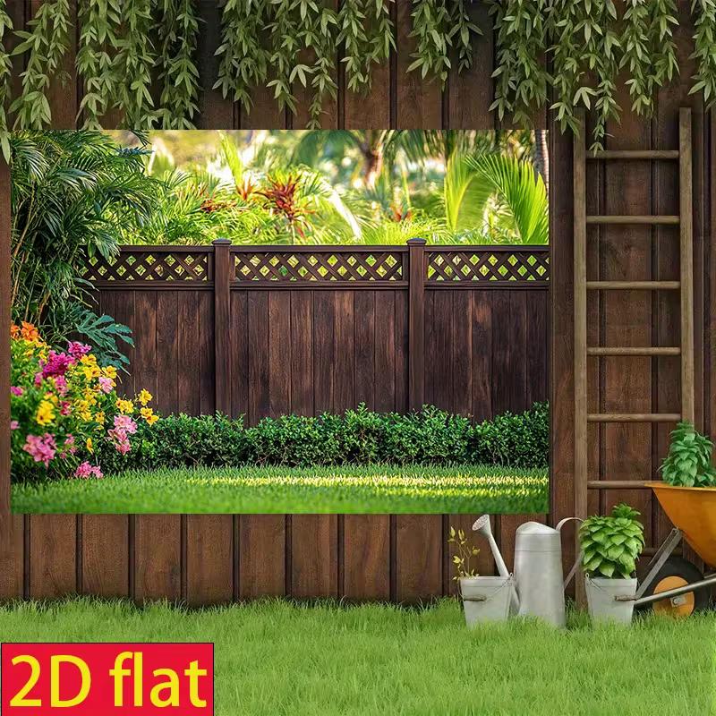 2D Lattice Wood Fence Tropical Floral Palm Garden Photo Backdrop Cloth