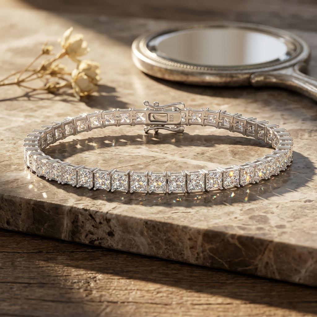 Dazzling 4mm Princess Cut Moissanite & S925 Sterling Silver Hip Hop Bracelet