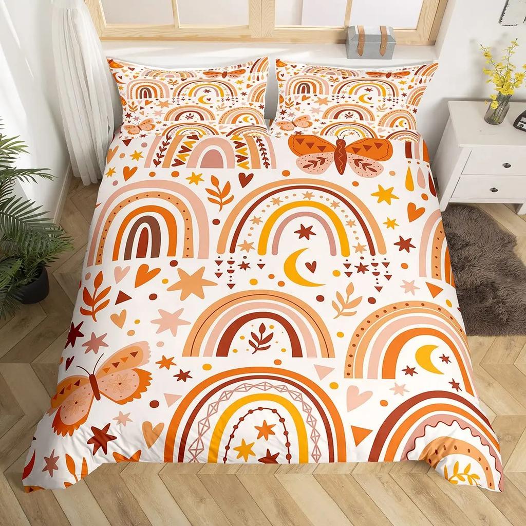 Rainbow Duvet Cover Set, Colorful Abstract Geometric Pattern with Shapes Rainbow, Decorative Bedding Set