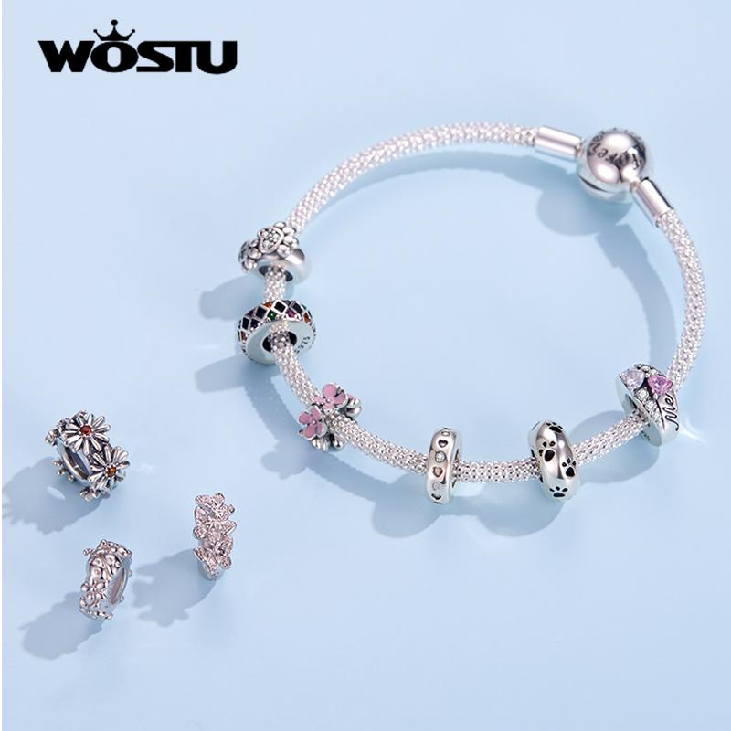 WOSTU Real 925 Sterling Silver 15 Styles Pet Vintage Heart Spacer Stopper Beads fit Wostu original Charm Bracelet Jewelry CQC593