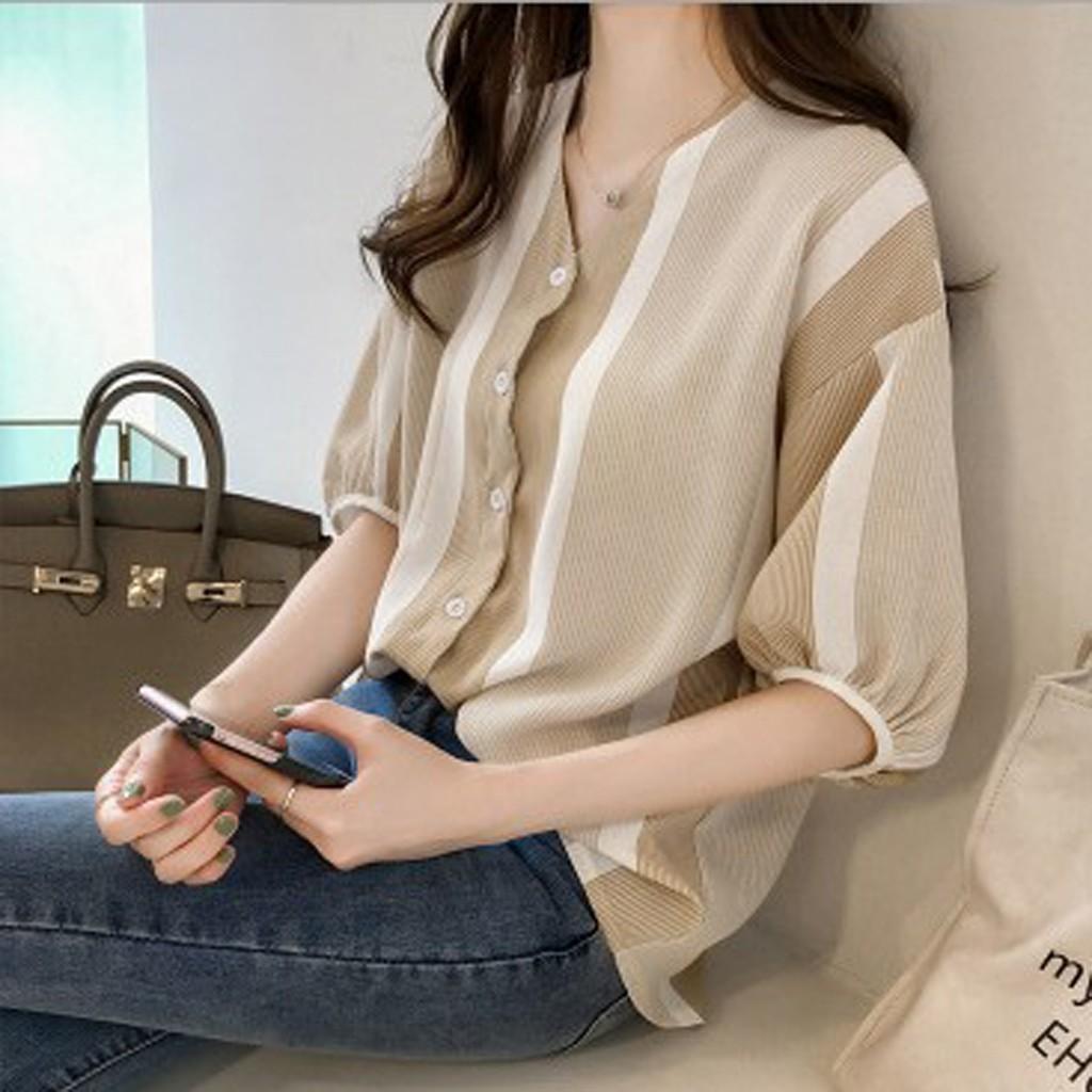 Fashion Womens Casual Half Sleeve Colorblock Striped Shirt Sleeve Top