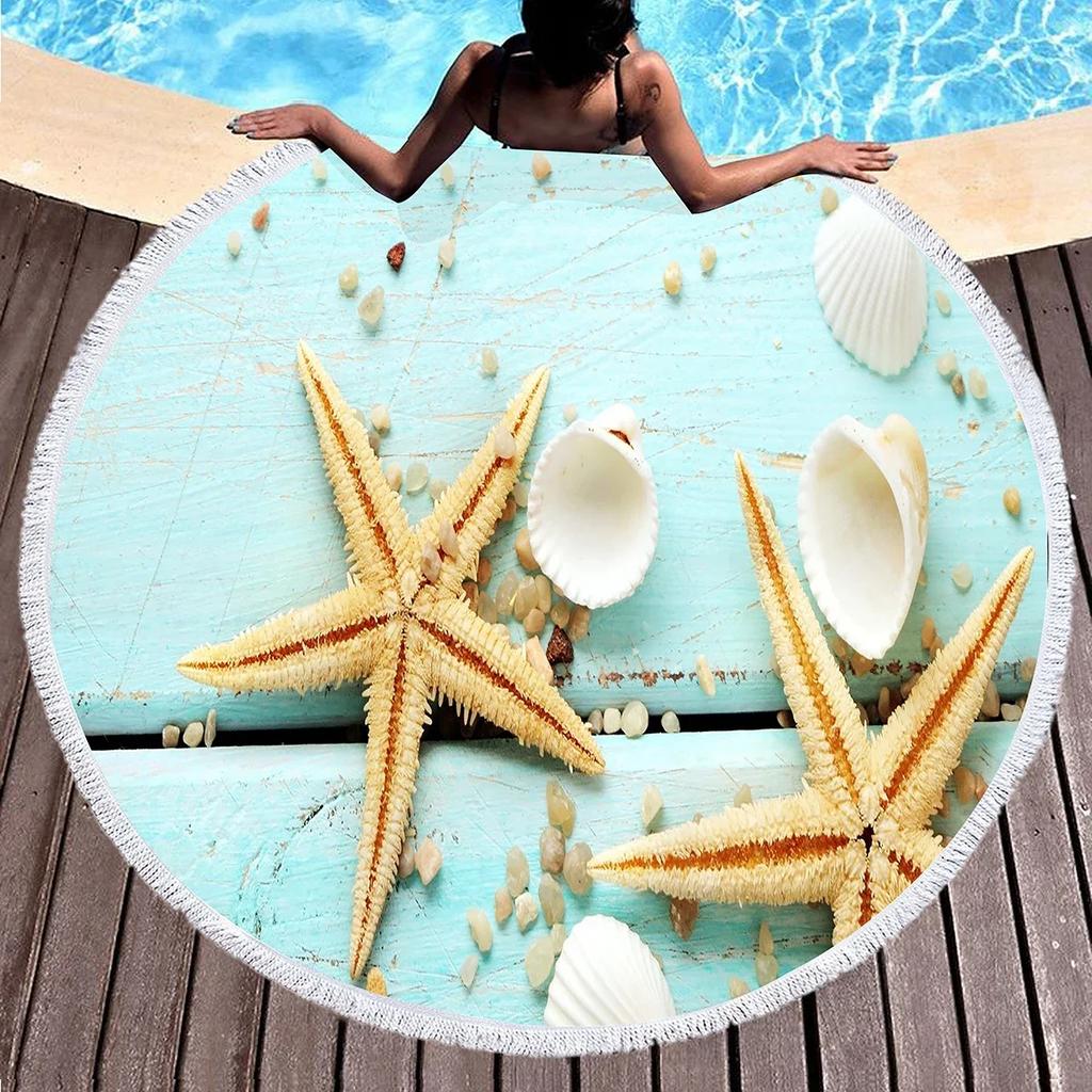 Round Beach Towels,Wave Seashell Print Sand Resistant Beach Blanket,Soft Absorbent Quick Dry Pool Towels Portable Picnic Mat